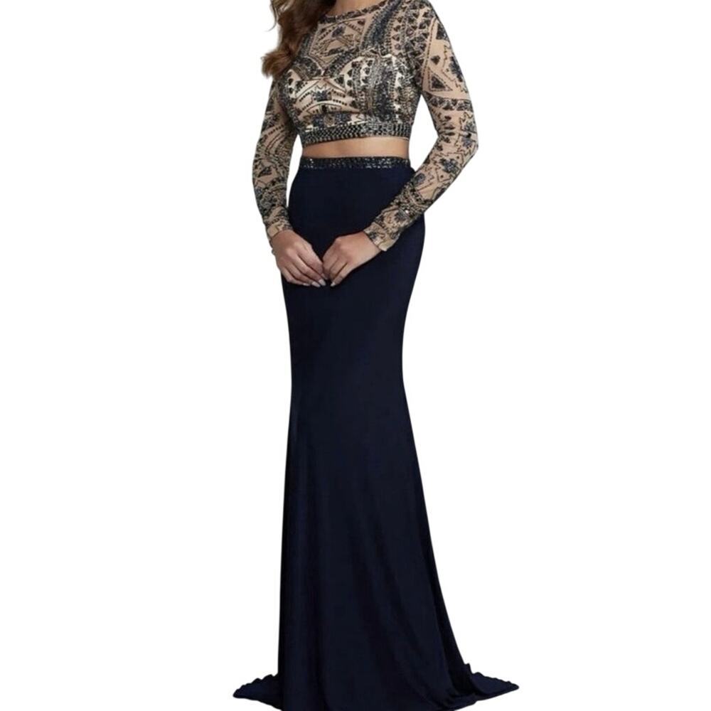 Sherri Hill 2 Pc Formal Prom Dress 8 Navy Beaded Sheer Cropped Open Back 50097